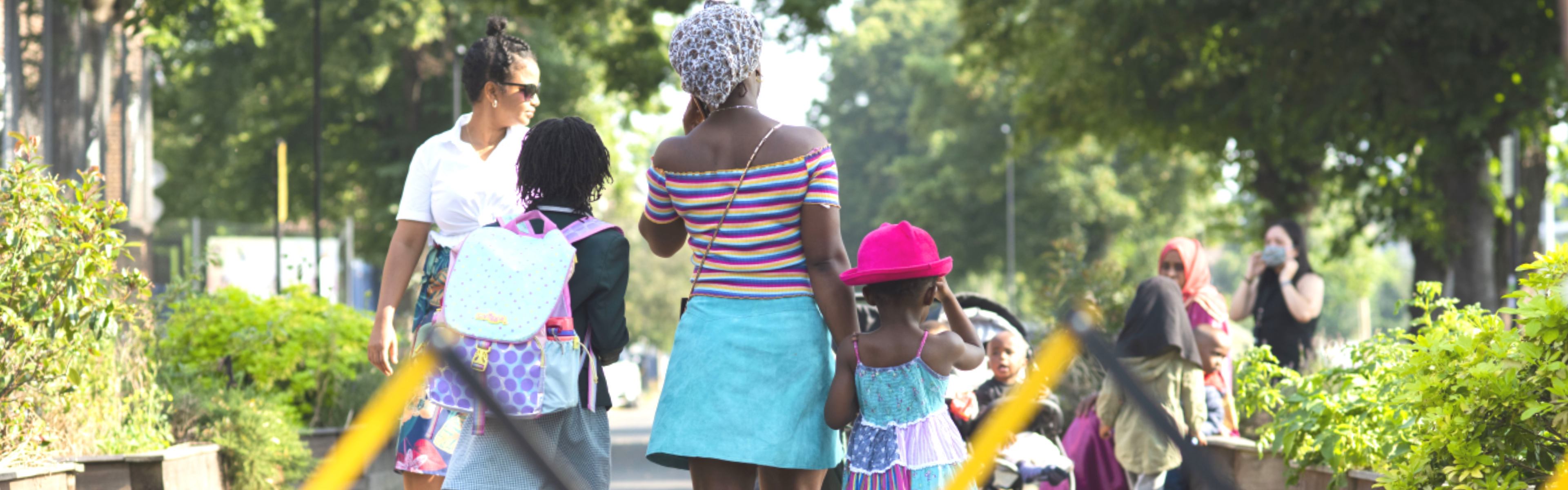 Children and adults walking to school