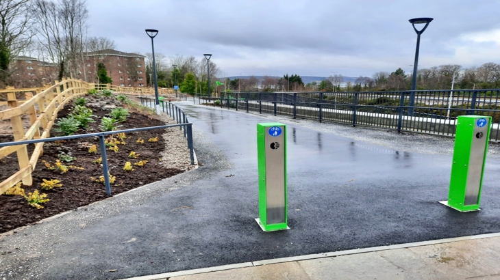 Looking down at the Raigmore Active Travel Link with waymarkers