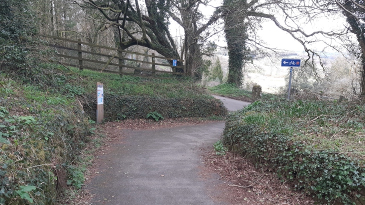 A view of a traffic-free path joining what appears to be a rural lane. The path is lined by drystone walls covered in ivy and an interpretation board in to one side of the path. There are a number of tall trees beside both the path and the road, along with a National Cycle Network direction arrow.