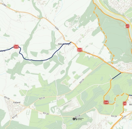 Route 334 shown on Ordnance Survey map