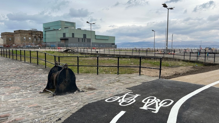View towards the Beacon arts centre from the new traffic-free alignment at East India Harbour in Greenock.
