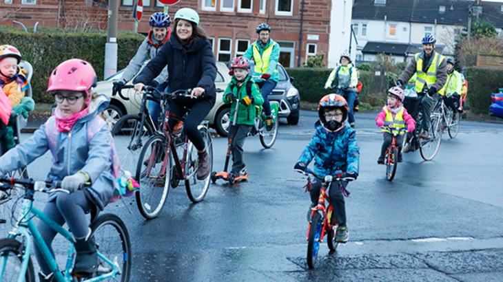 Pupils and parents in the Shawlands Bike Bus, Glasgow, travelling to school together