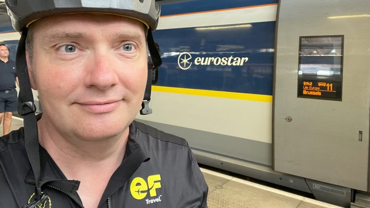 Trev on his way to the 56th International Broadcasting Convention in Amsterdam by cycling 400 miles and using eco-conscious alternatives. Photo credit: Trevor Cullen and Olie Baumann.