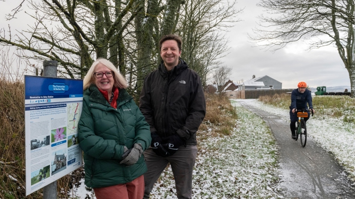 Walk Wheel Cycle Trust, Aberdeenshire Council and Councillors celebrating the start of works to realign NCN Route 1 with the Formartine and Buchan Way.