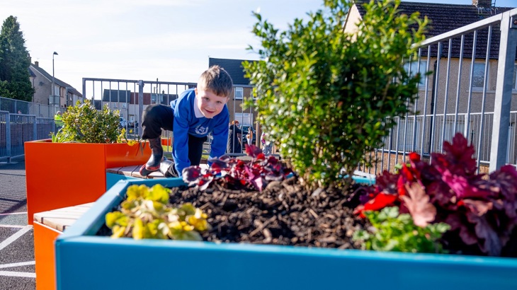 A school pupil is shown playing on a piece of outdoor equipment in the grounds of their primary school. Flowers in a planter are shown in foreground