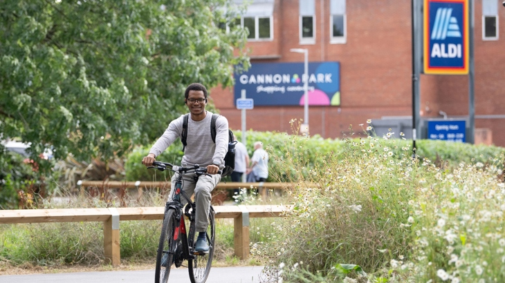 A new public green area is located near Cannon Park Shopping Centre, with wildflowers and seating. Photo: Mark Radford/Walk Wheel Cycle Trust 