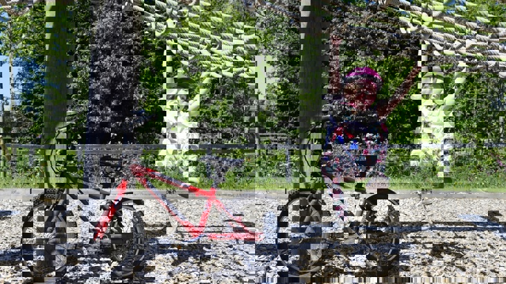 Girl playing on climbing frame with bicycle nearby