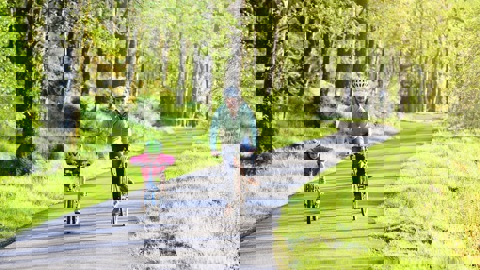 Man and child cycling on a greenway path