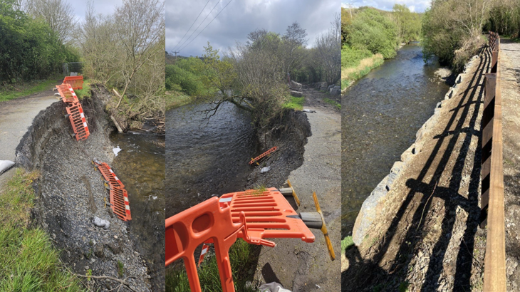 A trio of side-by-side images showing NCN 81. In the first two images, the path shows the signs of a landslide; the third, shows the repaired section.