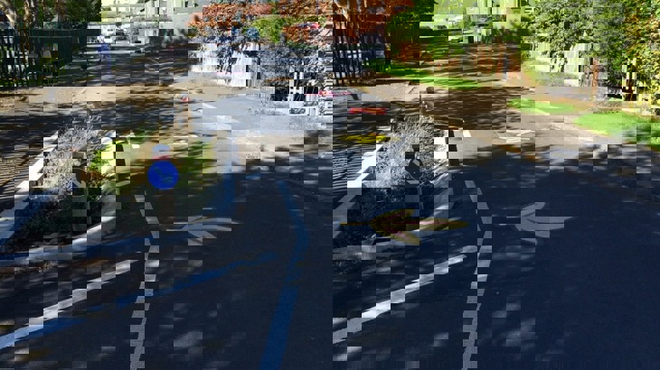 Embleton road after the project was completed. Flowers line the road which has been painted with colourful illustrations