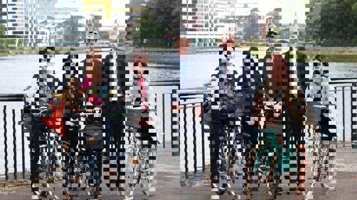 Pictured are South Belfast MLAs Claire Hanna, SDLP; Máirtín Ó Muilleoir, Sinn Féin; Paula Bradshaw, Alliance; Walk Wheel Cycle Trust in Northern Ireland Director, Ashley Hunter and Clare Bailey, Green Party. 