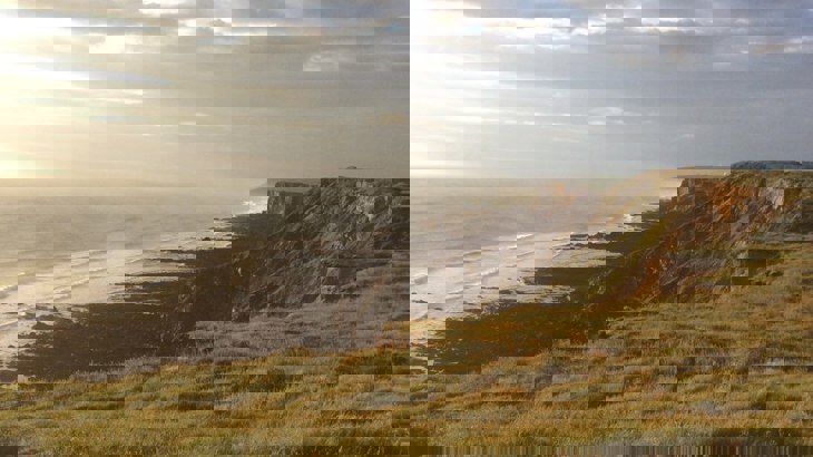 Grass-covered cliffs with sea and sun shining through the clouds