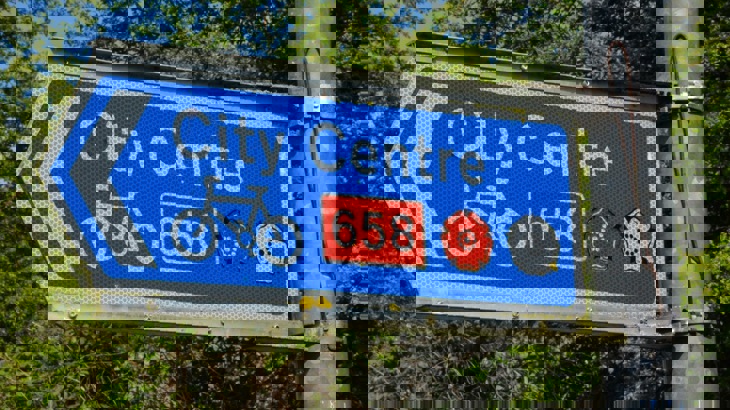 Blue street sign reading "City Centre" with white bicycle symbol, red and white rose symbols, and red box reading "658"