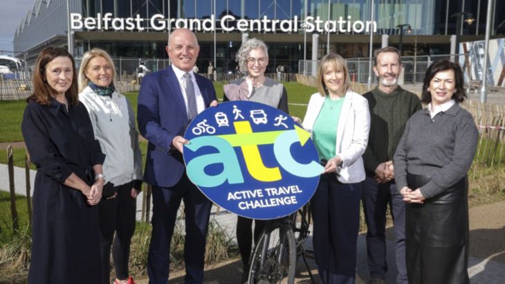 Walk Wheel Cycle Trust launch annual Active Travel Challenge with funders outside Grand Central Station in Belfast