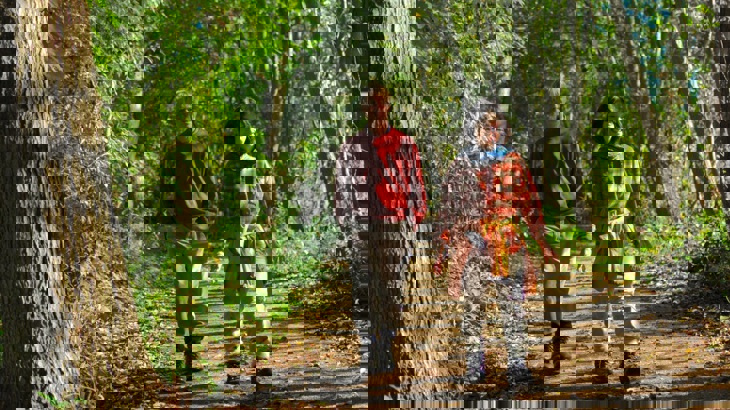 Two People Walk Through Woodlands 