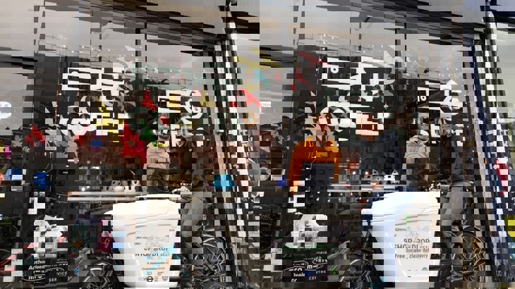 Healthy Street Officer Samuel Dillon with Bon Velo owner Karina Krause. 