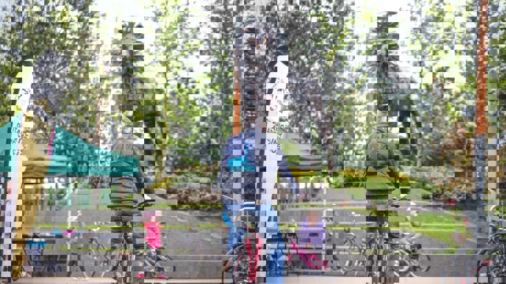 A man cycles through CS Lewis square in Belfast