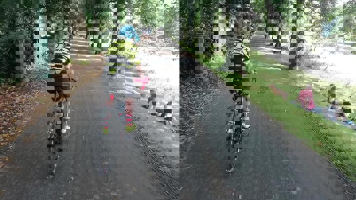 Boy cycling along traffic-free route lined with trees