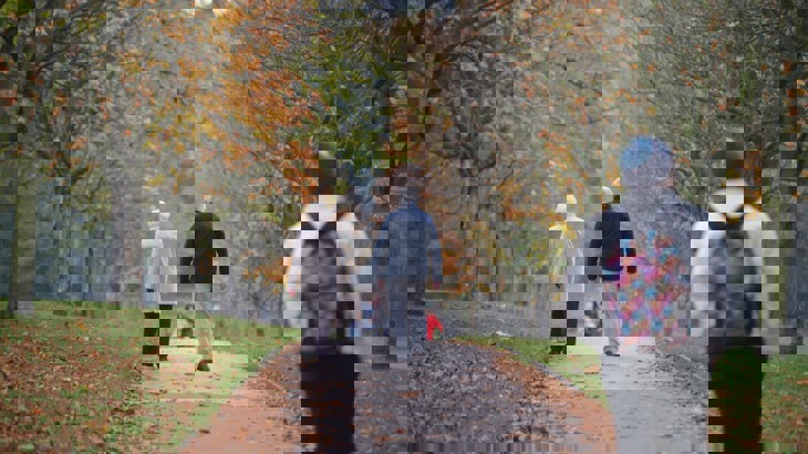 walking on a path under autumnal trees