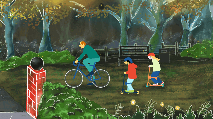 Illustration of a family cycling and scooting in a park.