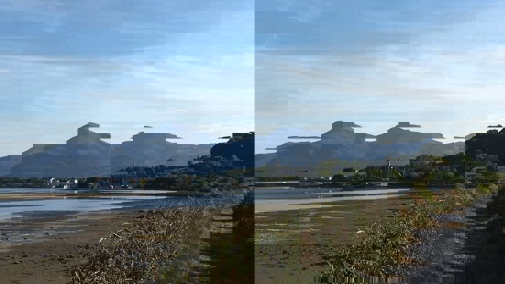 National Trust path at Dundrum with view of the Mourne mountains. Outdoor scenes from Newry, Mourne and Down District Council area