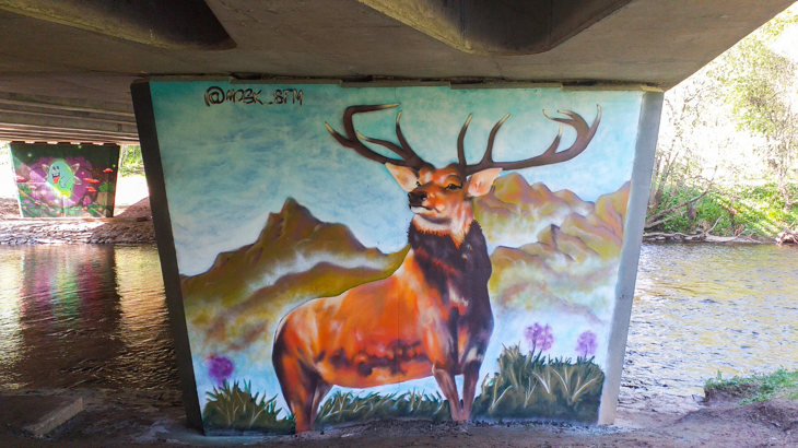 A large stag is painted in vibrant colour on a tunnel in Almondbank