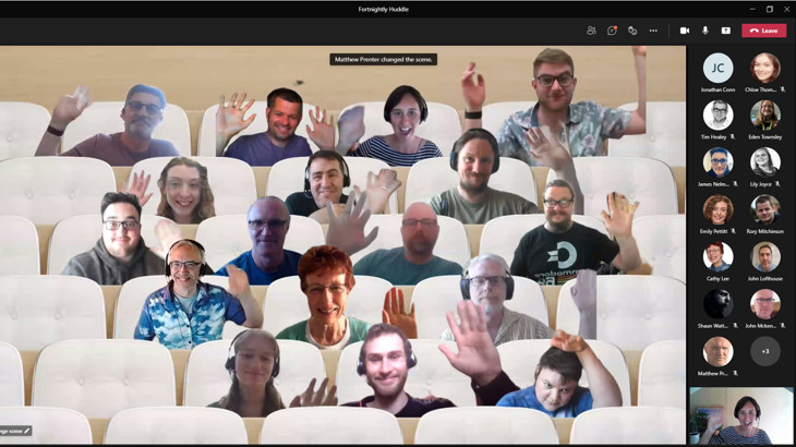 Microsoft Teams meeting screenshot showing the faces of our IT and Systems team members sat in a virtual auditorium and waving
