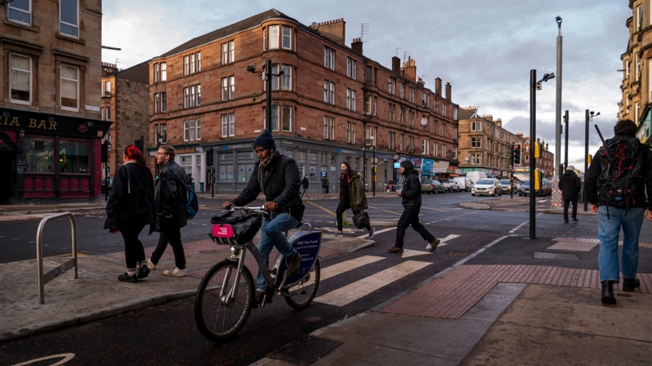 People Walking And Cycling Along The South City Way In Glasgow