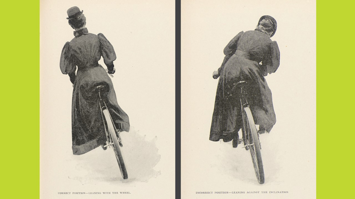 Two black and white photographs of a woman in a long dress and hat on a bicycle. Taken by Alice Austen for the 1896 book Bicycling for ladies by Violet Ward.